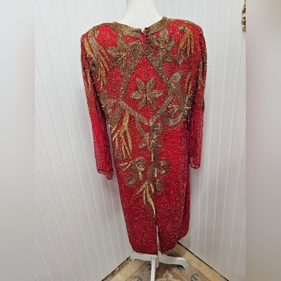 Elegant Red and Gold Beaded Dress Vintage L - Picture 3 of 5